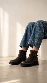 Bota corta de cuero en tono marrón oscuro con efecto desgastado, diseño minimalista con detalle de tira y hebilla lateral, y suela de goma tipo track.