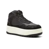 Bota deportiva de caña alta color blanco con detalles en gris y suela beige.