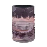 Cuello polar Buff de doble capa, diseño reversible con estampado de paisaje montañoso y bosque en tonos violeta y rosado. Ofrece aislamiento térmico superior para climas fríos.