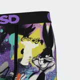 Calzoncillos bóxer estampados con Bugs Bunny y diseño de grafitis en tonos violeta, turquesa, rosa y amarillo.
