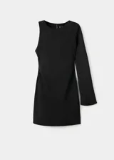 Vestido corto negro de diseño asimétrico con una sola manga larga y corte entallado.