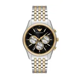 Reloj Emporio Armani modelo Antonio, con caja plateada de 41mm y pulsera de acero inoxidable bicolor plateada y dorada. Esfera negra con subesferas de cronógrafo y detalles dorados. Resistente a 5 ATM.