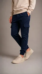 Pantalón cargo azul marino con bolsillos laterales tipo cargo, cintura elástica y puños ajustados en los tobillos.