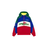 Campera puffer con capucha de diseño multicolor en azul, rojo, verde, blanco y amarillo, con cierre frontal y bolsillos. Presenta el logotipo de la marca estampado en el pecho.