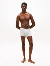 Pack de tres trunks de algodón gris con textura acanalada. Presentan una cintura elástica ancha en color blanco con el nombre y logo de la marca estampados en letras negras y el icónico detalle tricolor.