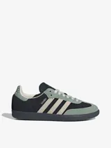 Zapatillas Adidas Samba OG, color negro con detalles en verde agua y beige.