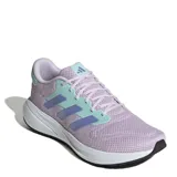 Championes Adidas Response Runner para mujer, con diseño en malla color violeta lavanda, detalles en verde agua y las icónicas tres tiras de la marca en azul. Cuenta con una entresuela blanca amortiguada y suela negra.