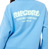 Buzo de frisa color celeste, con cuello alto y cierre frontal parcial de un cuarto. Presenta logo de la marca estampado en el pecho y diseño de corte holgado.