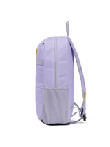 Mochila urbana Cat modelo Liam, color violeta con detalles en gris y base negra. Cuenta con compartimento principal con cierre, bolsillo frontal con cierre, bolsillos laterales de malla y logo de la marca en parche amarillo.