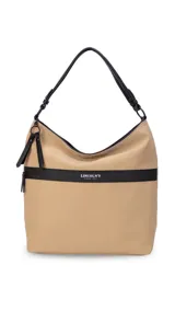Cartera tipo hobo de tamaño grande en color beige, con detalles en negro. Presenta una franja horizontal negra con el logo de la marca, asa corta de hombro y correa larga desmontable. Incluye bolsillo frontal con cierre oculto y bolsillo trasero.