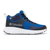 Bota de senderismo Columbia modelo Konos TRS OutDry Mid, color azul con detalles en negro y suela blanca. Presenta diseño de altura media con malla técnica, tecnología impermeable OutDry y sistema de amortiguación TechLite+.