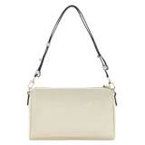 Cartera tipo bowling Guess modelo Kassie, color off-white, con cierre superior, logo metálico dorado en el frente y correa ajustable.