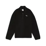 Buzo de sherpa color negro con cuello alto y cierre frontal parcial. Presenta mangas largas y el logo de la marca bordado en blanco en el pecho.
