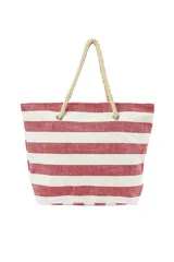 Bolso tipo tote con rayas horizontales blancas y azules, asas de soga y cierre superior.