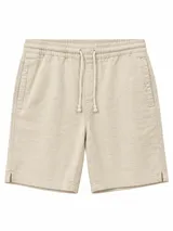 Short de lino color beige con cintura elástica, cordón ajustable y bolsillos laterales.