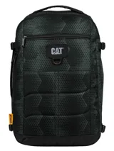 Mochila de cabina Caterpillar modelo Bobby Cabin Backpack, color negro con patrón geométrico texturizado. Cuenta con compartimento principal amplio, bolsillo frontal con cierre, asas acolchadas y el logo de la marca en el frente.
