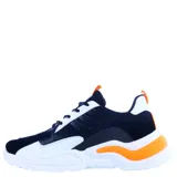 Championes urbanos de diseño robusto, combinando paneles en negro y blanco con detalles vibrantes en color naranja en la suela y lengüeta. Presentan cierre mediante cordones y una suela gruesa con diseño ondulado.