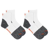 Medias cortas unisex de color blanco, con talón, puntera y planta en tejido melange gris oscuro, y un detalle de línea naranja en la puntera.