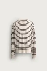 Jersey de punto regular fit, color blanco con rayas horizontales negras, de cuello redondo y manga larga con terminaciones en rib.