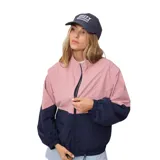 Campera deportiva Rusty Wander, color rosa y azul marino, con cierre frontal, bolsillos laterales y cordón ajustable en la cintura.