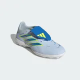 Championes de fútbol Adidas Predator League para pasto sintético, color celeste con detalles en azul y amarillo. Presentan lengüeta plegable, tecnología Powerspine para mayor estabilidad y malla Nanostrike para un ajuste preciso.