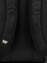 Mochila negra marca CAT, modelo Explorer, con compartimento acolchado para laptop, bolsillo frontal con cremallera, bolsillos laterales de malla, correas acolchadas para los hombros y panel trasero, asa de transporte en la parte superior y detalles de cordones. Fabricada en poliéster ripstop reciclado.
