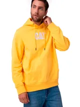 Buzo con capucha y bolsillo tipo canguro, color amarillo vibrante con logo de la marca Caterpillar bordado en blanco en el pecho. Presenta puños y bajo acanalados.