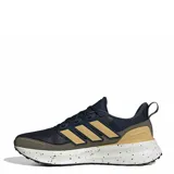 Championes de running Adidas Ultra Run 5 TR, diseñados para terrenos mixtos. Presentan un exterior de malla técnica en color azul oscuro con refuerzos en verde oliva y detalles en dorado. La mediasuela blanca con efecto salpicado incorpora tecnología de amortiguación, mientras que la suela técnica proporciona tracción superior. Incluye la inscripción 'WATER-REPELLENT' en el lateral.