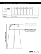 Pantalón palazzo de jean azul con rayas verticales blancas.