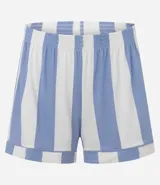 Conjunto de pijama femenino compuesto por una blusa de manga corta con cuello V y un short. La blusa es blanca con ribetes celestes en el cuello y mangas. El short es de viscosa con estampado de rayas verticales anchas en blanco y celeste.