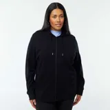 Buzo negro con capucha, cierre frontal con cremallera y bolsillos laterales.