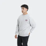 Buzo de cuello redondo color gris melange, con diseño de calce holgado y logo circular de la marca Reef estampado en el pecho.