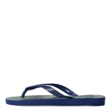 Sandalias tipo ojotas Havaianas con estampado de hojas tropicales en tonos verdes sobre base azul marino. Presentan tiras de goma con el logo de la marca en relieve.