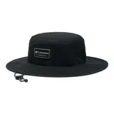 Gorro tipo pescador de ala ancha color negro, con cordón ajustable para la barbilla y parche frontal con el logo de la marca Columbia.