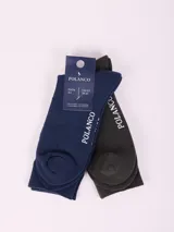 Pack de dos pares de medias lisas de algodón, una en color azul marino y otra en color negro, con el nombre de la marca bordado en el lateral.