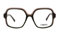 Lentes de receta Lancel con armazón de acetato en diseño cuadrado de gran tamaño, combinando tonos verde oliva y rosado.