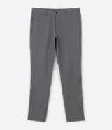 Pantalón de vestir gris con estampado de cuadros en hilo teñido, corte slim, cintura con trabillas, cierre con botón y cremallera.