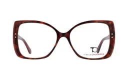 Anteojos de acetato color carey con forma geométrica butterfly y patillas finas.