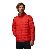 Campera de pluma Columbia modelo Delta Ridge II, color rojo, con cuello alto, cierre frontal completo y diseño de celdas selladas térmicamente para mayor retención de calor.