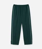 Pantalón recto verde oscuro con cintura elástica y vivos laterales blancos.
