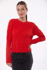 Sweater de punto calado color rojo con cuello redondo y mangas largas.