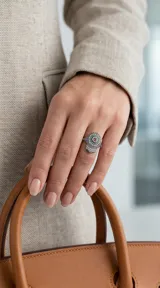 Anillo de plata 925 con diseño de mano de Hamsa, decorado con circonias en tonos verde, violeta y blanco, y una piedra central rosada.