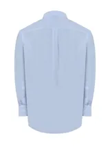Camisa de manga larga RKF con estampado de microcuadros en tono celeste y blanco. Presenta cuello button-down, cierre frontal con botones, bolsillo en el pecho con logo bordado y puños ajustables con detalle de cinta decorativa.