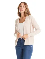 Cardigan de tejido liviano con textura acanalada, de corte abierto sin botones, con mangas largas entalladas y puños de rib.