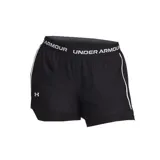 Short deportivo Under Armour de color negro con calza interna y cintura elástica ancha con la marca impresa en contraste. Cuenta con ribetes blancos en los laterales y el logo de la marca en la pierna derecha.