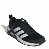 Championes Adidas Dropset Control para hombre, color negro con las tres tiras características en blanco en los laterales y entresuela de diseño técnico en blanco y gris.