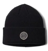 Gorro tejido de punto con diseño acanalado y vuelta en el borde. Presenta un parche circular con el logo de la marca Columbia en el frente.