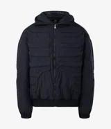 Campera puffer negra con diseño acolchado que simula una estructura de esqueleto. Cuenta con capucha, cierre frontal con cremallera, mangas largas y puños elásticos.