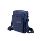 Morral bandolera de tela canvas color marrón con correa regulable. Tiene un bolsillo frontal con cierre, apertura superior con cierre, bolsillos internos y un bolsillo trasero con cierre.