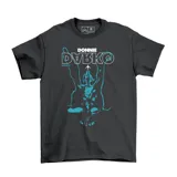 Remera de algodón color gris oscuro con estampa frontal en color celeste y blanco inspirada en la película Donnie Darko, presentando el título y la silueta del conejo Frank.